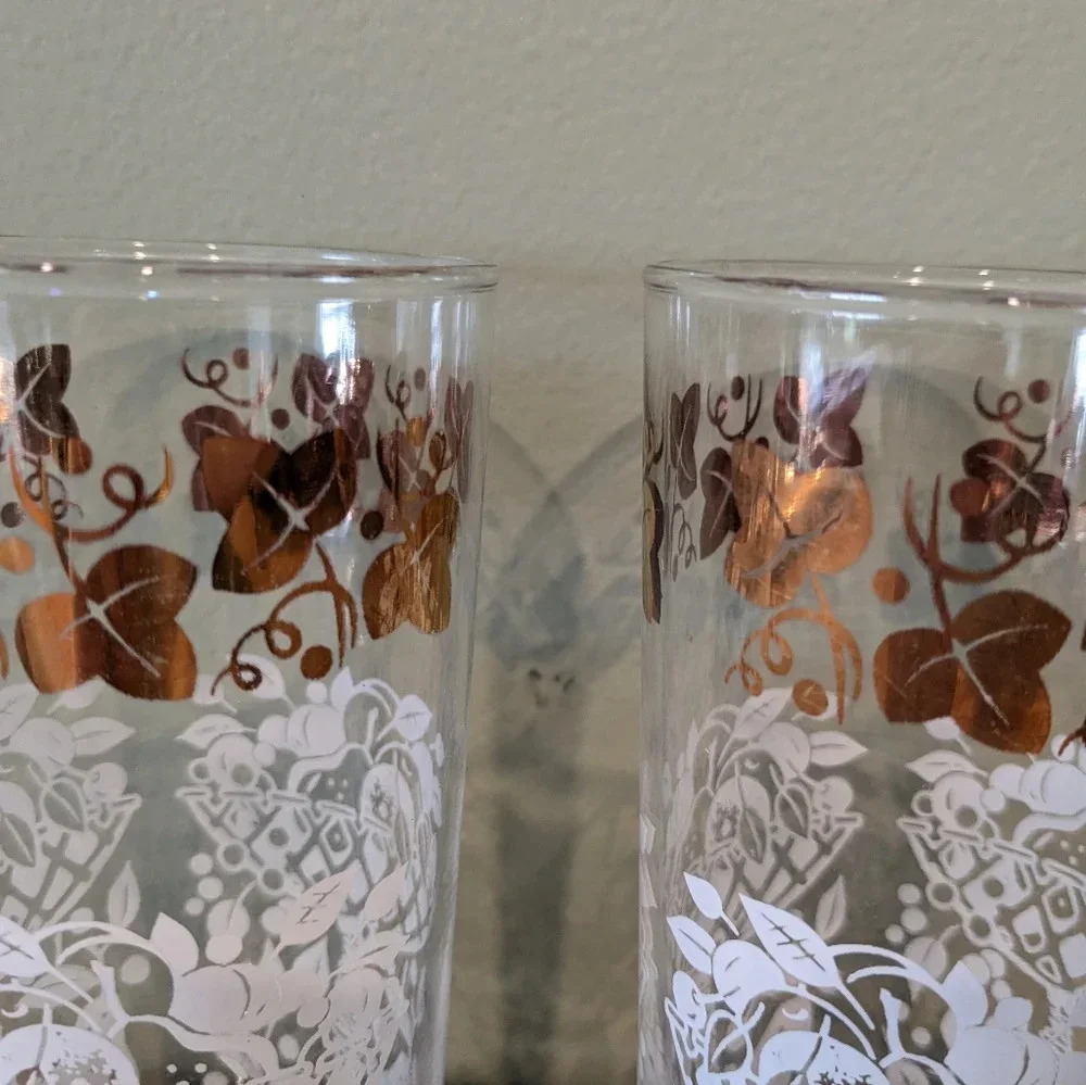 Vintage MCM 2 Hazel Atlas Tumbler Drinking Glasses Gold & White Fruit Basket